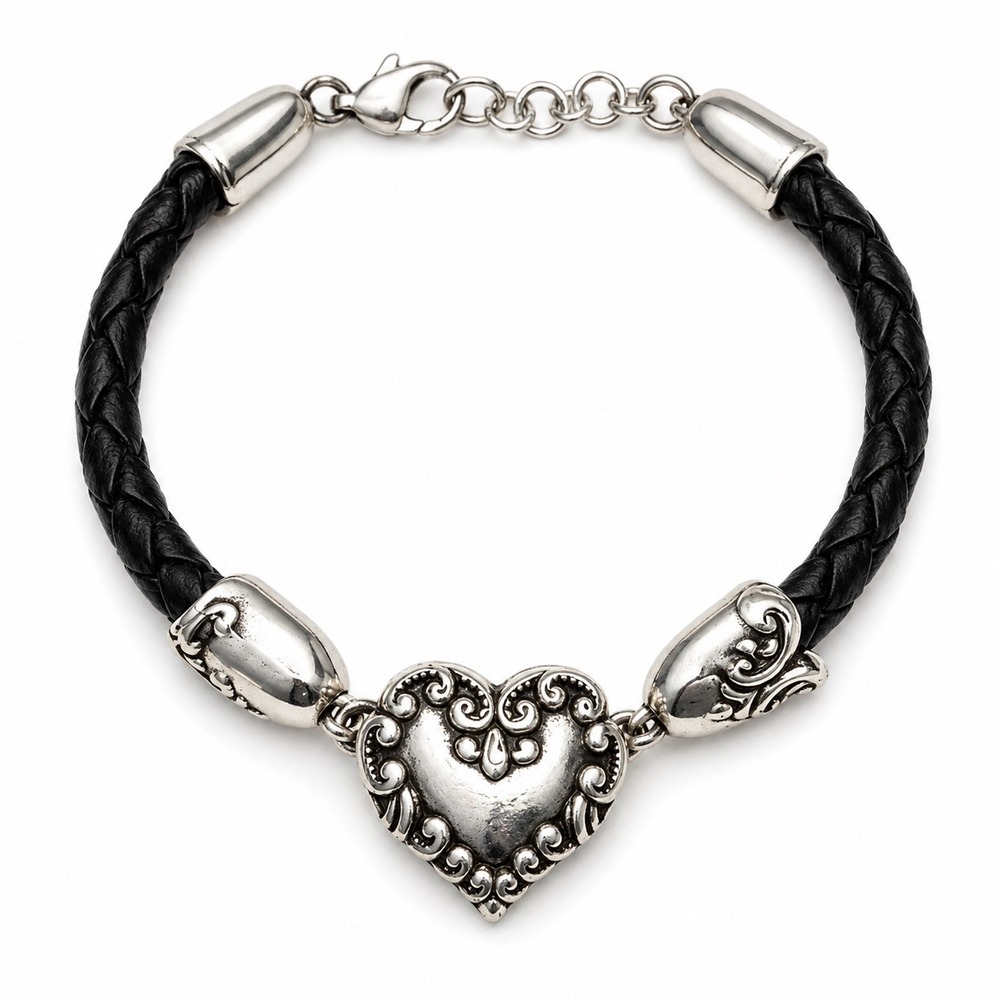 Brighton Cupid's Bandit Heart Bracelet Black Braided Leather Retired